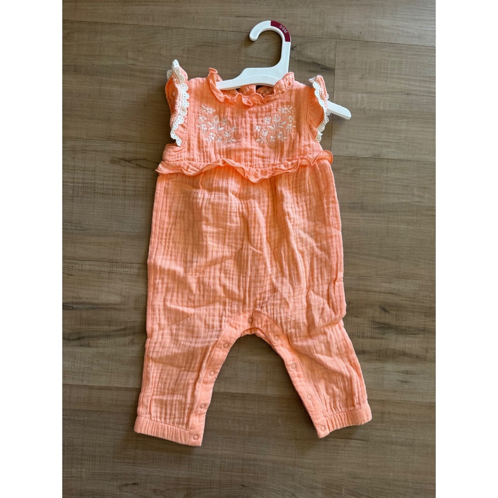 Cat & Jack Peach Embroidered Gauze Romper Jumpsuit Lace Ruffle 3-6M New